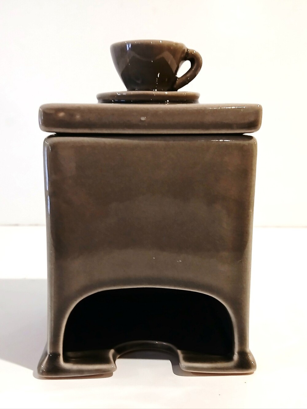 Vintage Brown Taupe Ceramic Tea Bag Sweetener Packet Dispenser with Cup Accent